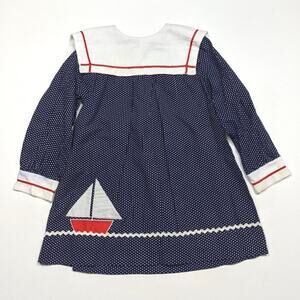 Vintage Youngland Dress Girls Size 4T Navy Polka Dot Sailboat